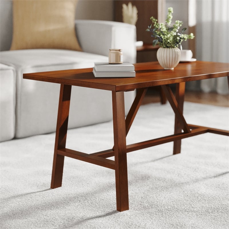 Pemberly Row Solid Wood Farmhouse Trestle Style Coffee Table in Walnut