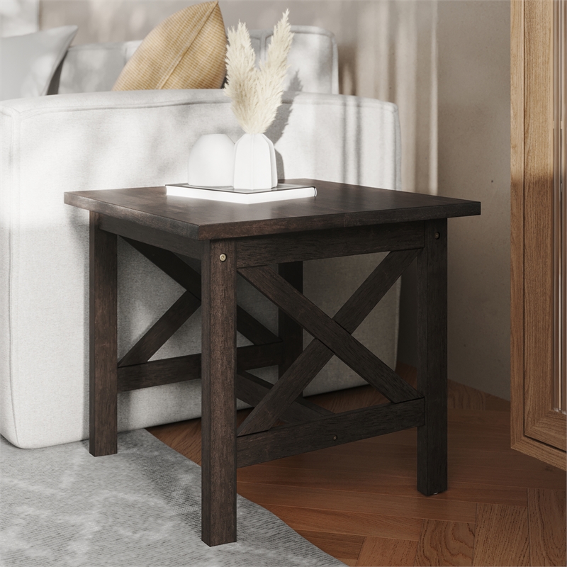 Pemberly Row Solid Wood Farmhouse X-Frame End Table in Dark Gray