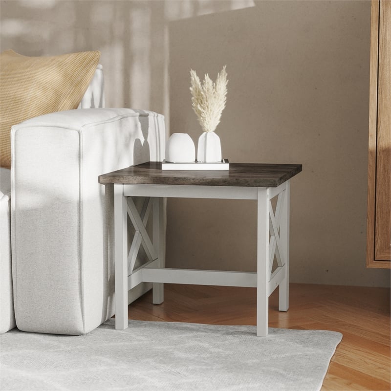 Pemberly Row Solid Wood Farmhouse End Table in Acacia Gray and Rustic White