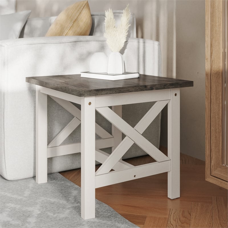 Pemberly Row Solid Wood Farmhouse End Table in Acacia Gray and Rustic White