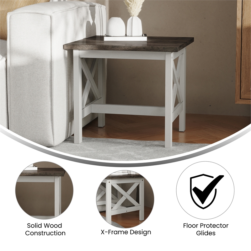 Pemberly Row Solid Wood Farmhouse End Table in Acacia Gray and Rustic White