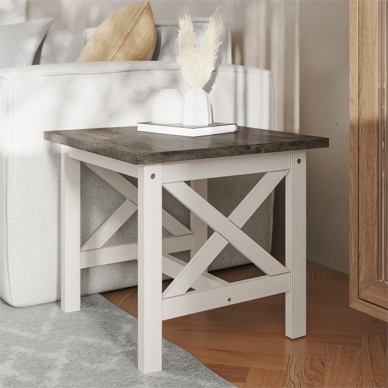 Pemberly Row Solid Wood Farmhouse End Table in Acacia Gray and Rustic White