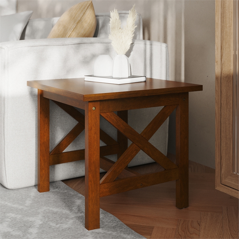 Pemberly Row Solid Wood Farmhouse X-Frame End Table in Walnut