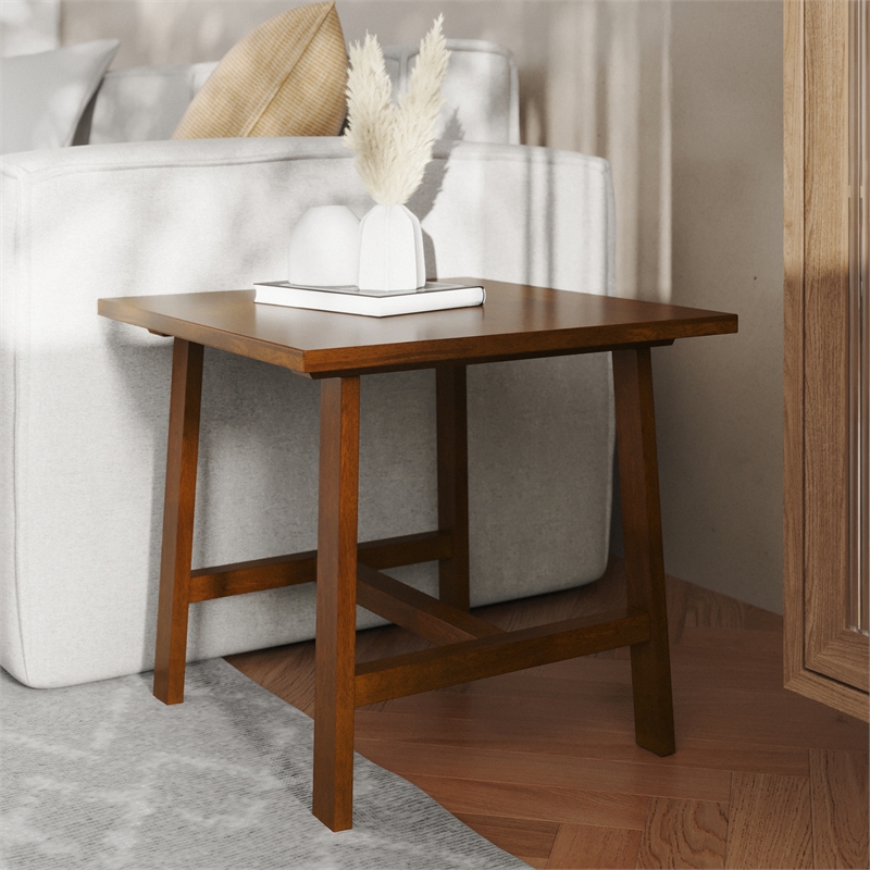 Pemberly Row Solid Wood Farmhouse Trestle Style End Table in Walnut