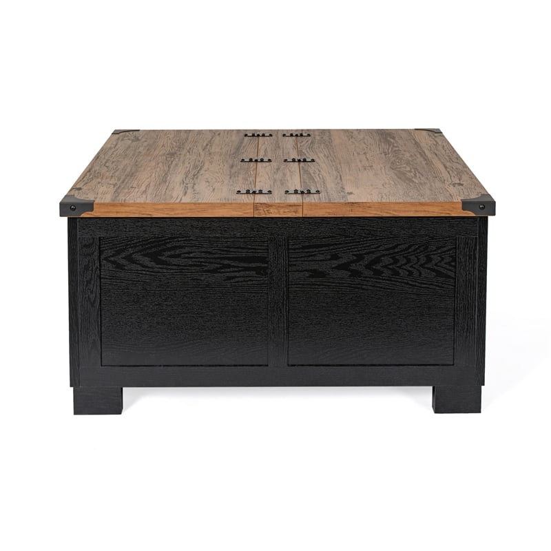 Pemberly Row Farmhouse Coffee Table with Hinged Lift Top & Storage in Black/Oak
