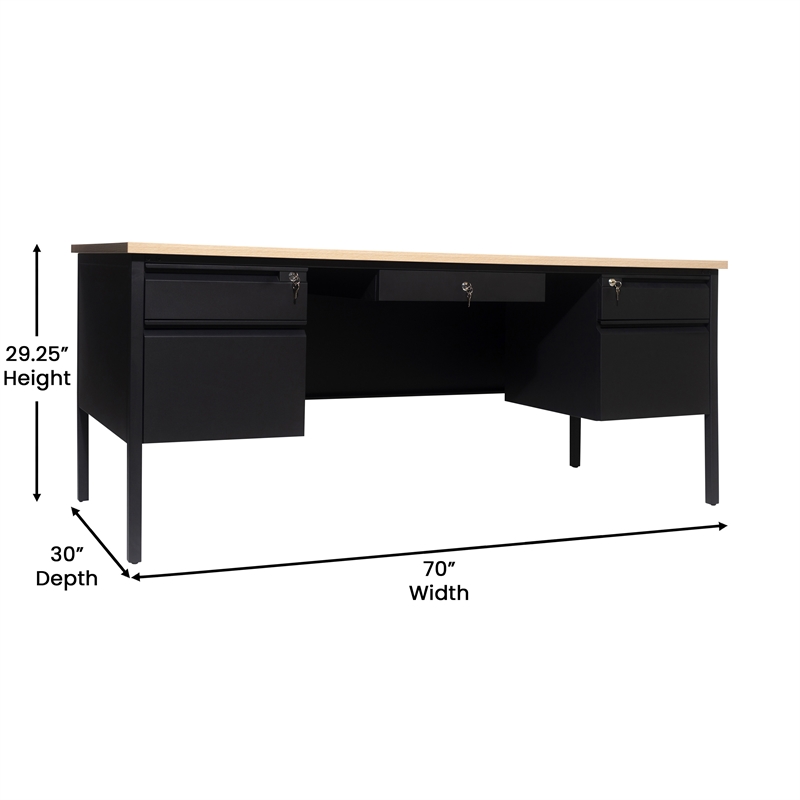 Pemberly Row 50x70 Double Pedestal Desk with 5 Locking Drawers in White Oak