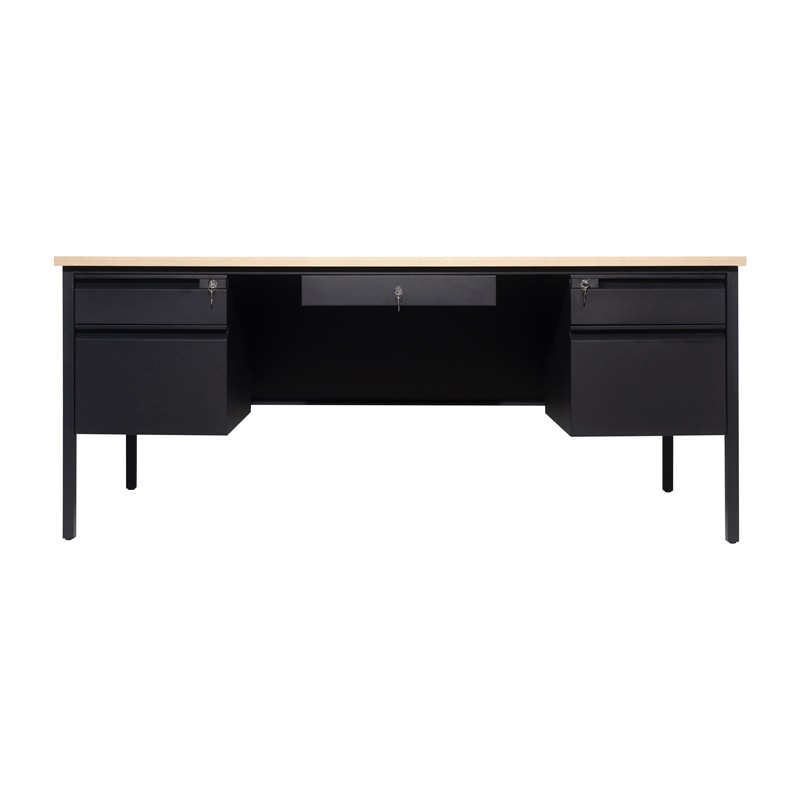 Pemberly Row 50x70 Double Pedestal Desk with 5 Locking Drawers in White Oak