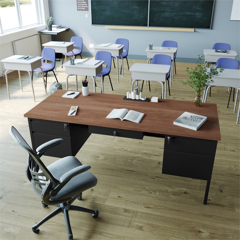 Pemberly Row 50x70 Double Pedestal Desk with 5 Locking Drawers in Walnut