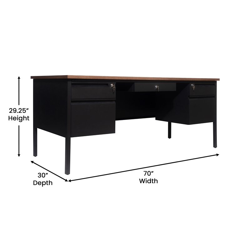 Pemberly Row 50x70 Double Pedestal Desk with 5 Locking Drawers in Walnut