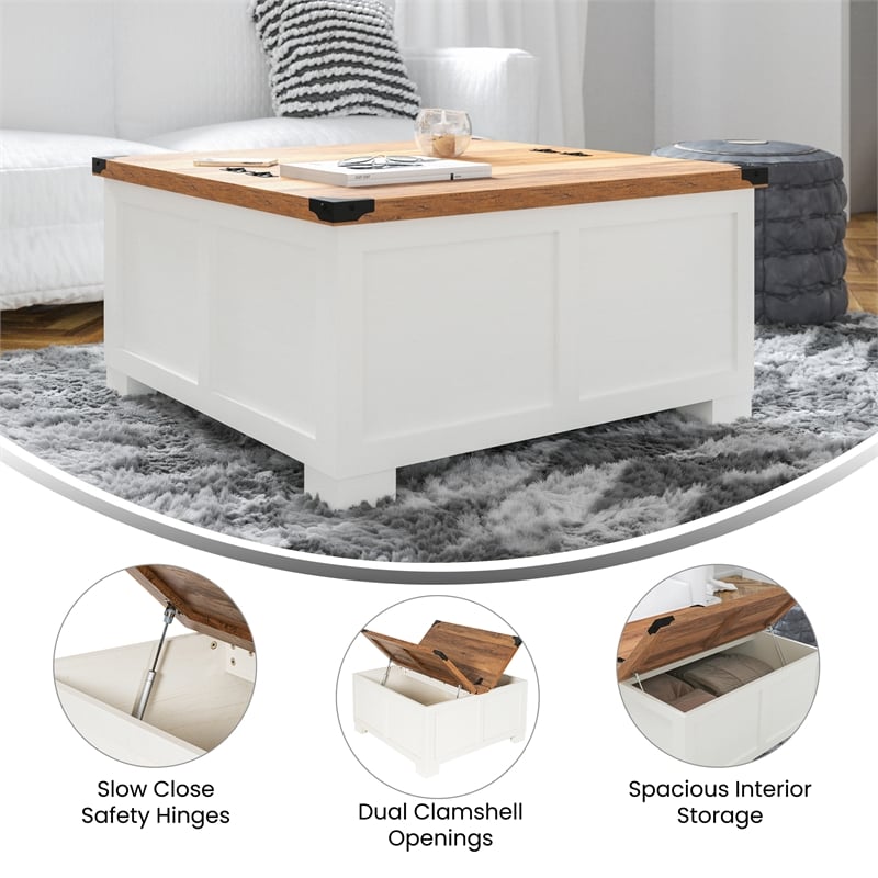 Pemberly Row Farmhouse Coffee Table with Hinged Lift Top & Storage in White/Oak