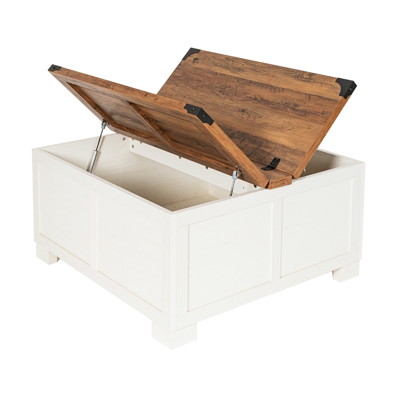 Pemberly Row Farmhouse Coffee Table with Hinged Lift Top & Storage in White/Oak