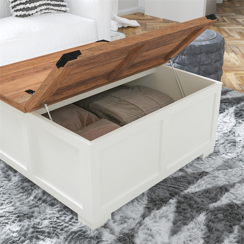 Pemberly Row Farmhouse Coffee Table with Hinged Lift Top & Storage in White/Oak