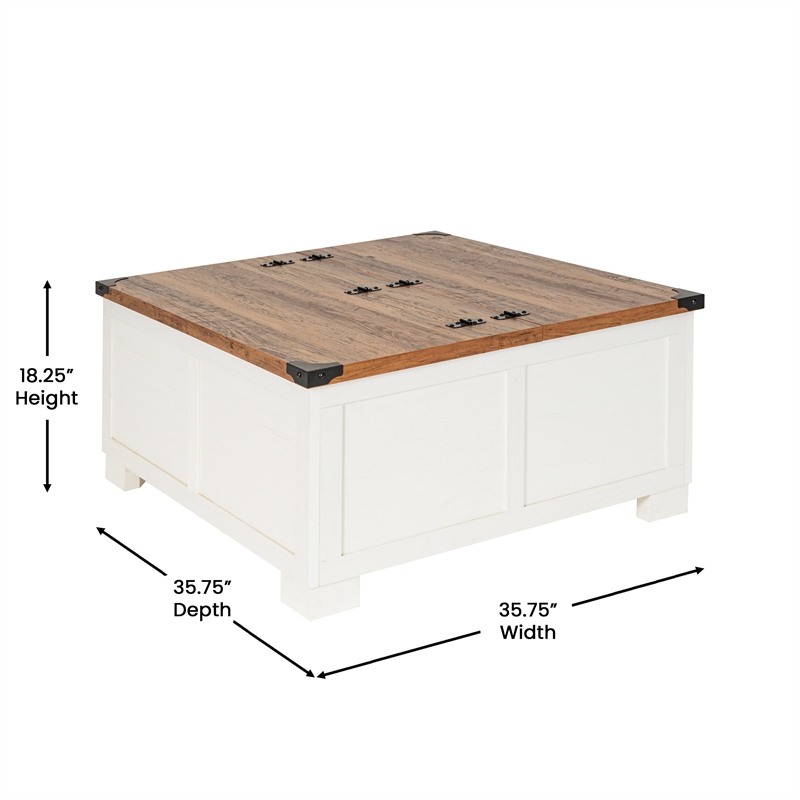 Pemberly Row Farmhouse Coffee Table with Hinged Lift Top & Storage in White/Oak