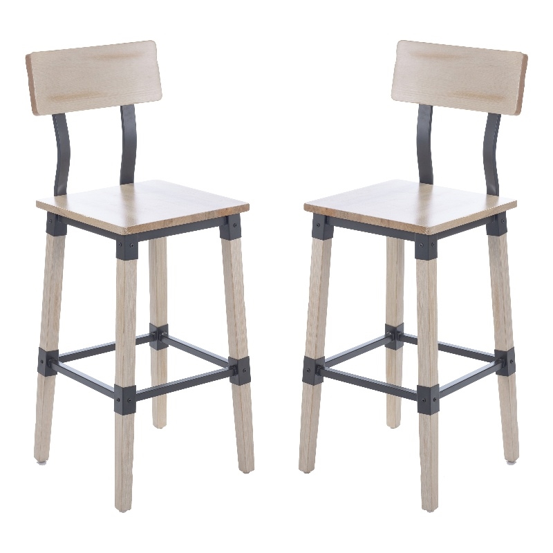 Pemberly Row Set of 2 Rustic Antique White Industrial Wood Dining Barstools