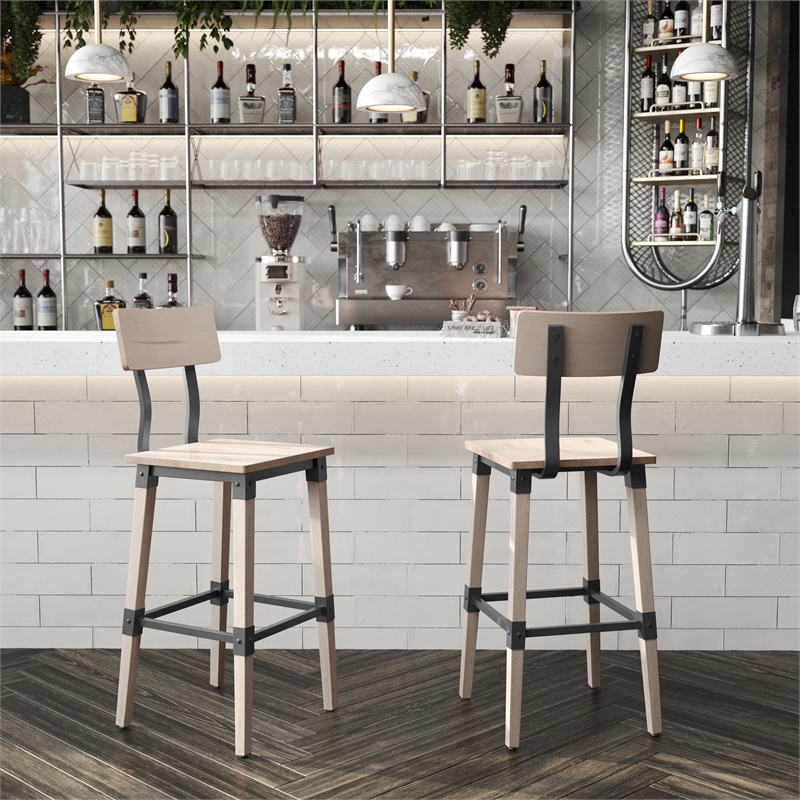 Pemberly Row Set of 2 Rustic Antique White Industrial Wood Dining Barstools