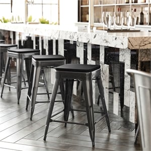 Pemberly Row All-Weather Black Backless Counter Stools with Black Seat Set of 4