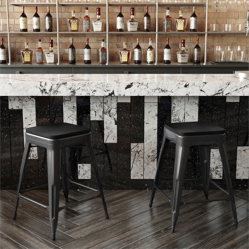 Pemberly Row All-Weather Black Backless Counter Stools with Black Seat Set of 4