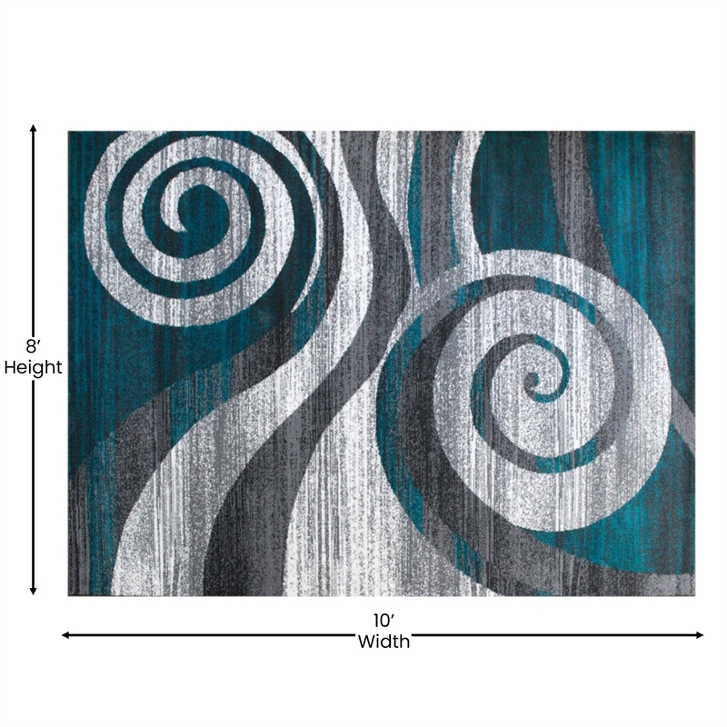 Pemberly Row Modern Swirl Design 8' x 10' Area Rug in Turquoise White and Gray