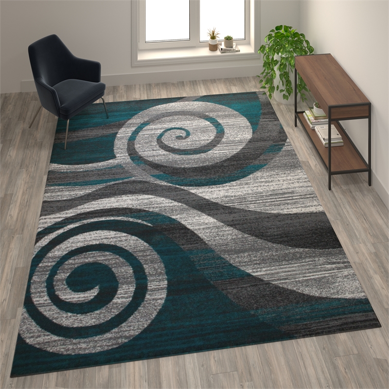 Pemberly Row Modern Swirl Design 8' x 10' Area Rug in Turquoise White and Gray