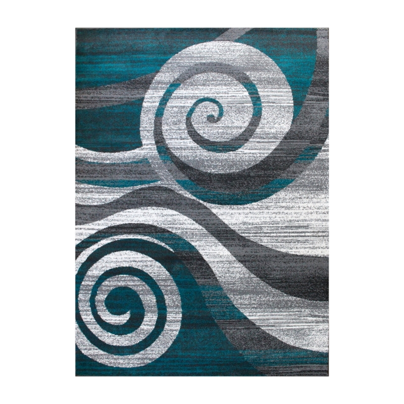 Pemberly Row Modern Swirl Design 8' x 10' Area Rug in Turquoise White and Gray