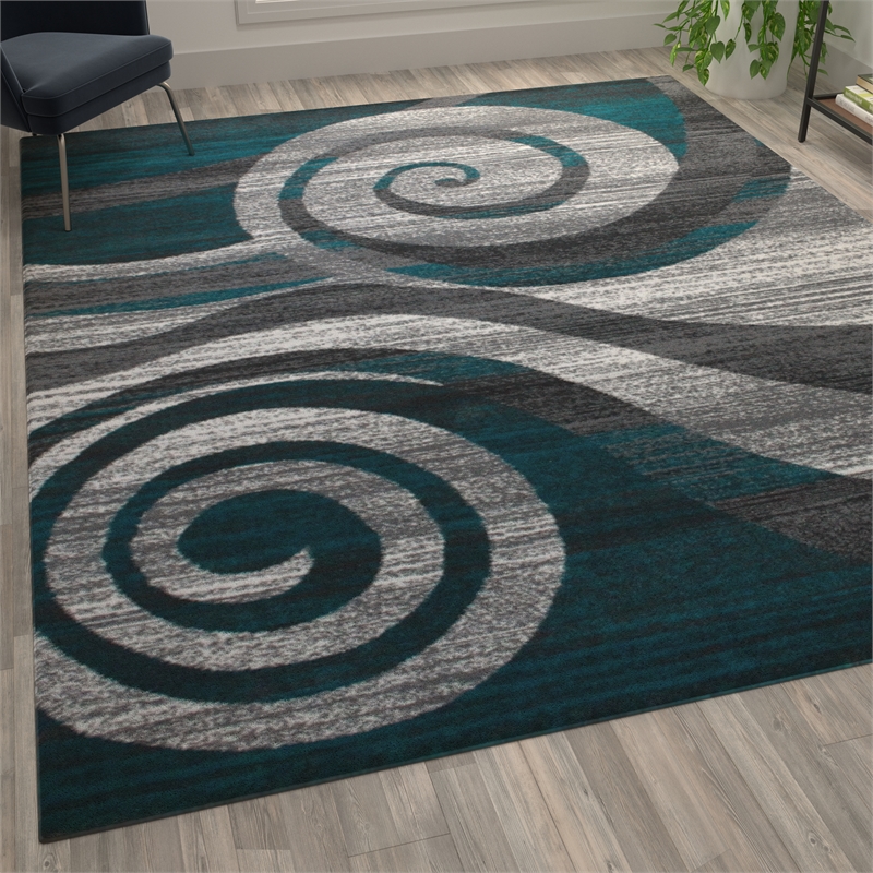 Pemberly Row Modern Swirl Design 8' x 10' Area Rug in Turquoise White and Gray