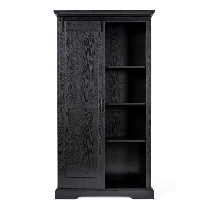 Pemberly Row Farmhouse Storage Cabinet with Shelves & Sliding Barn Door in Black
