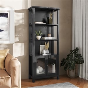 Pemberly Row 3 Tier Storage Cabinet Bookshelf with Glass Doors in Black