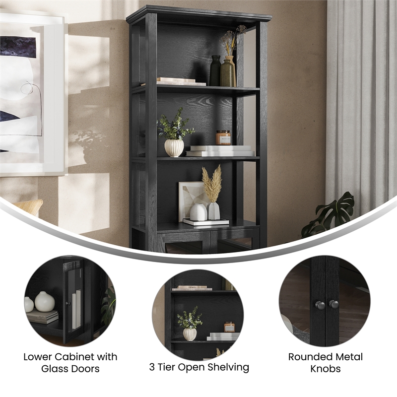 Pemberly Row 3 Tier Storage Cabinet Bookshelf with Glass Doors in Black