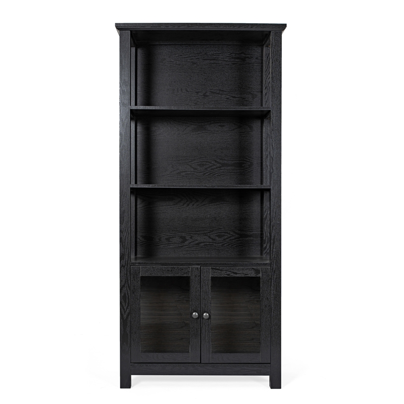 Pemberly Row 3 Tier Storage Cabinet Bookshelf with Glass Doors in Black