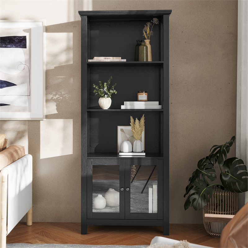 Pemberly Row 3 Tier Storage Cabinet Bookshelf with Glass Doors in Black