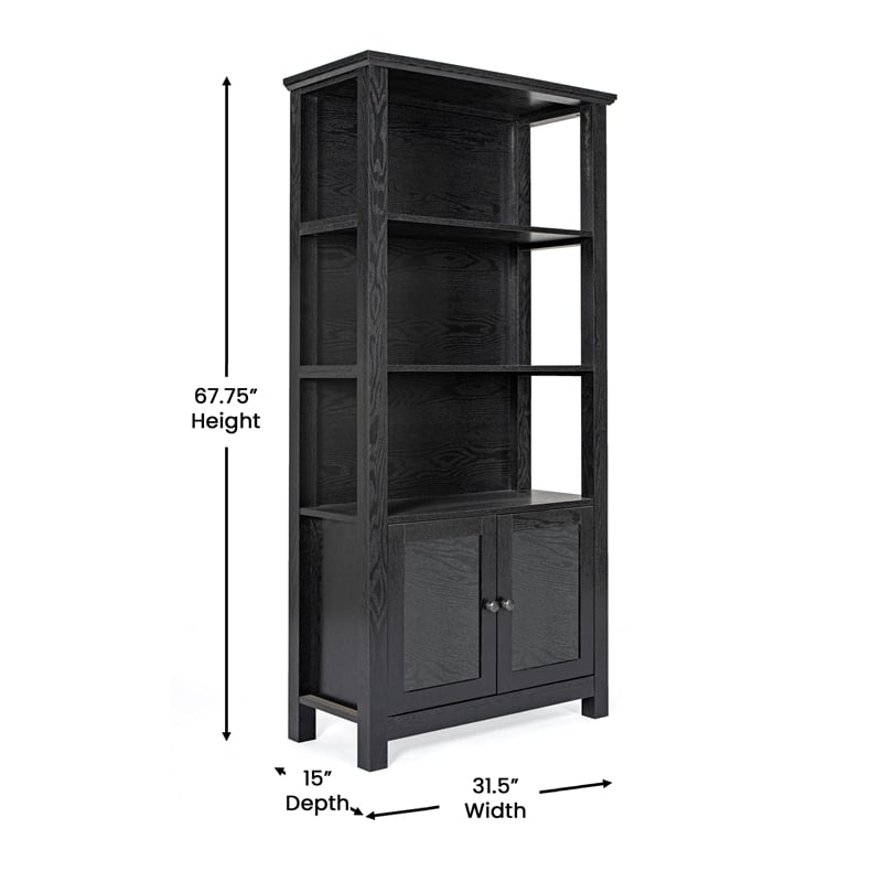 Pemberly Row 3 Tier Storage Cabinet Bookshelf with Glass Doors in Black