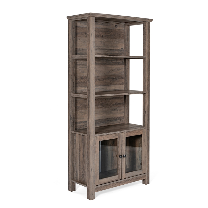 Pemberly Row 3 Tier Storage Cabinet Bookshelf with Glass Doors in Gray Wash