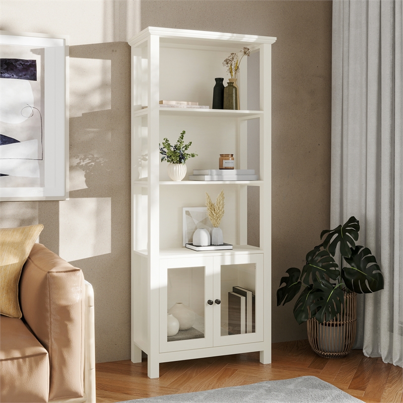Pemberly Row 3 Tier Storage Cabinet Bookshelf with Glass Doors in White