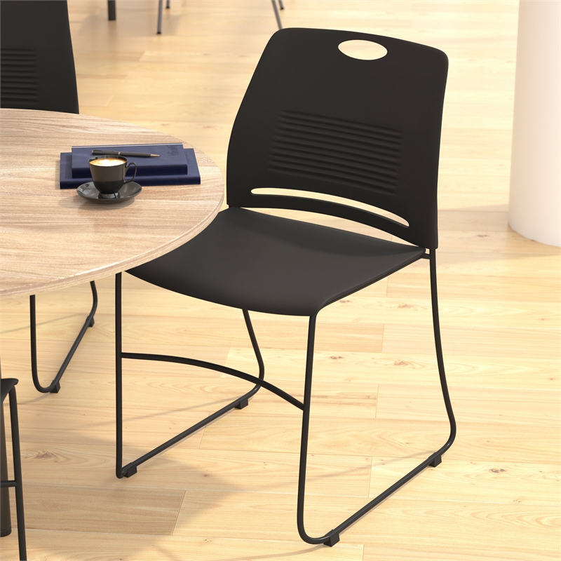 Pemberly Row Plastic Stack Chair with Steel Sled Base in Black
