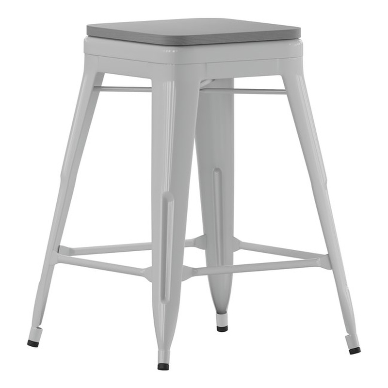 Pemberly Row All-Weather Silver Backless Counter Stools with Gray Seat Set of 4