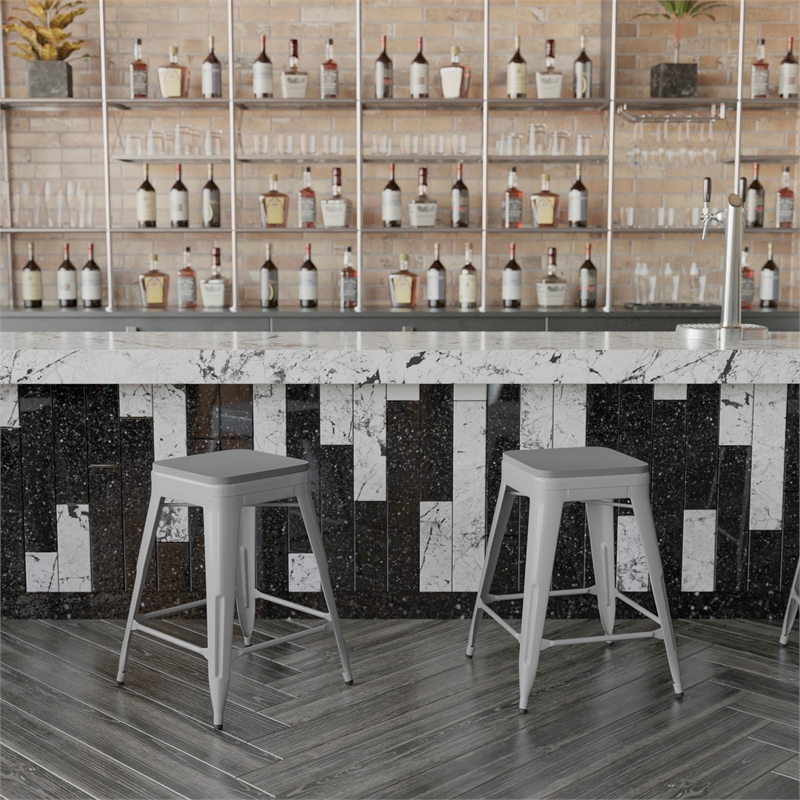 Pemberly Row All-Weather Silver Backless Counter Stools with Gray Seat Set of 4