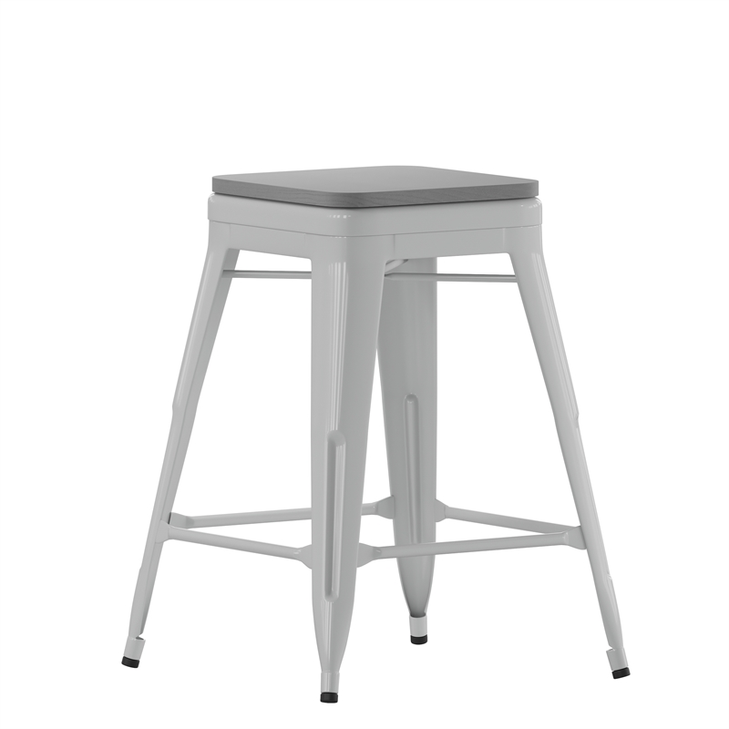 Pemberly Row All-Weather Silver Backless Counter Stools with Gray Seat Set of 4
