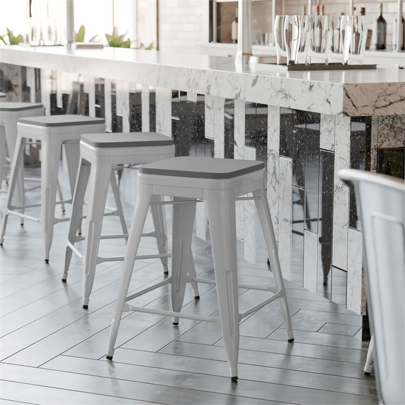 Pemberly Row All-Weather Silver Backless Counter Stools with Gray Seat Set of 4