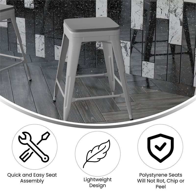 Pemberly Row All-Weather Silver Backless Counter Stools with Gray Seat Set of 4