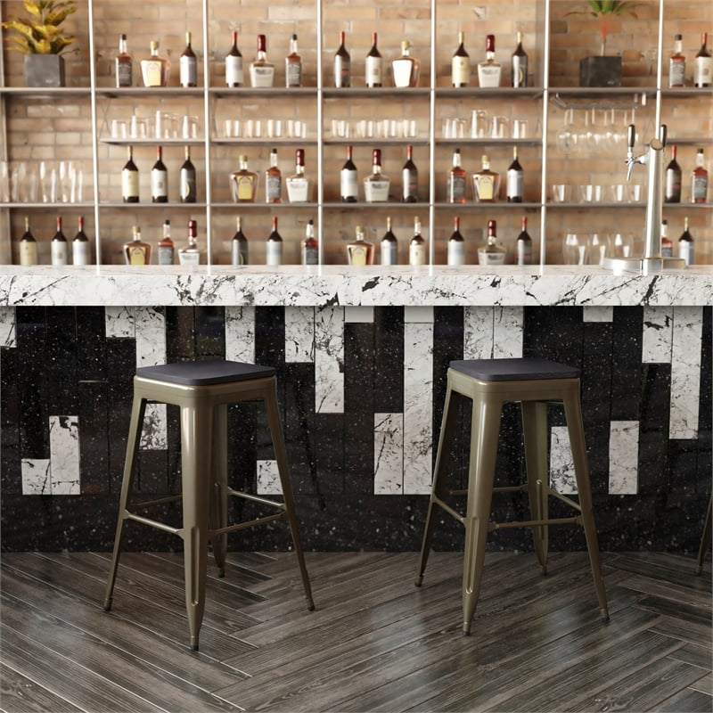 Pemberly Row All-Weather Green Backless Bar Stools with Black Seat Set of 4