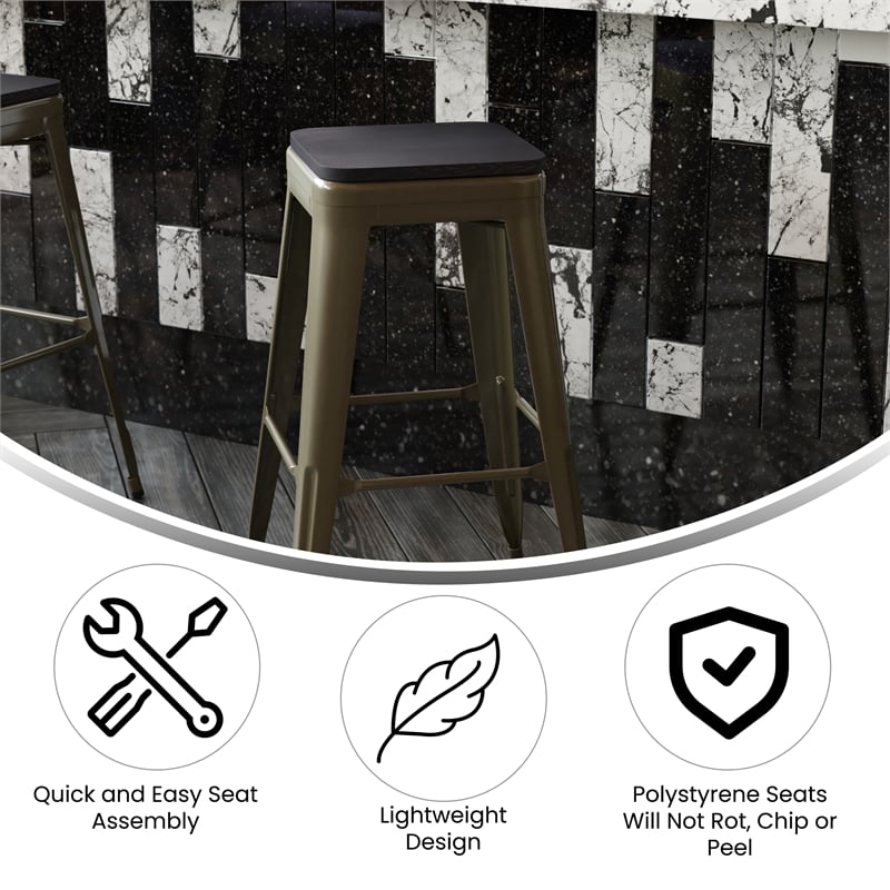 Pemberly Row All-Weather Green Backless Bar Stools with Black Seat Set of 4
