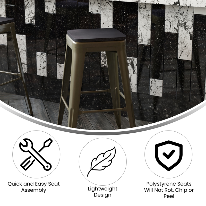Pemberly Row All-Weather Green Backless Bar Stools with Black Seat Set of 4