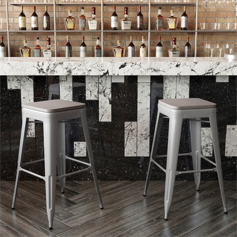 Pemberly Row All-Weather Silver Backless Bar Stools with Gray Seat Set of 4