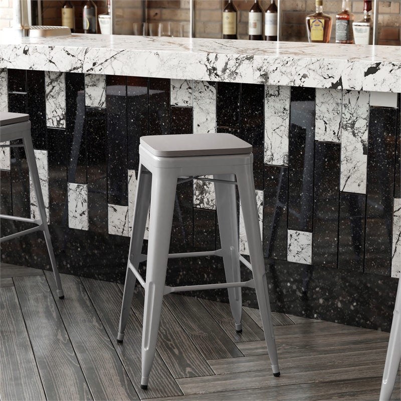 Pemberly Row All-Weather Silver Backless Bar Stools with Gray Seat Set of 4