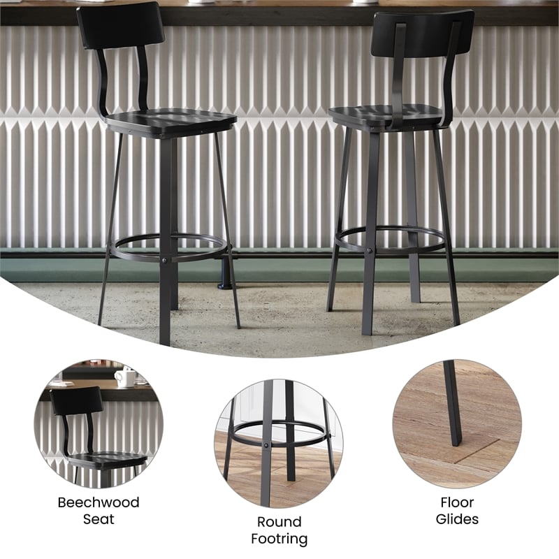 Pemberly Row Black Restaurant Barstool with Wood Seat and Back in Black