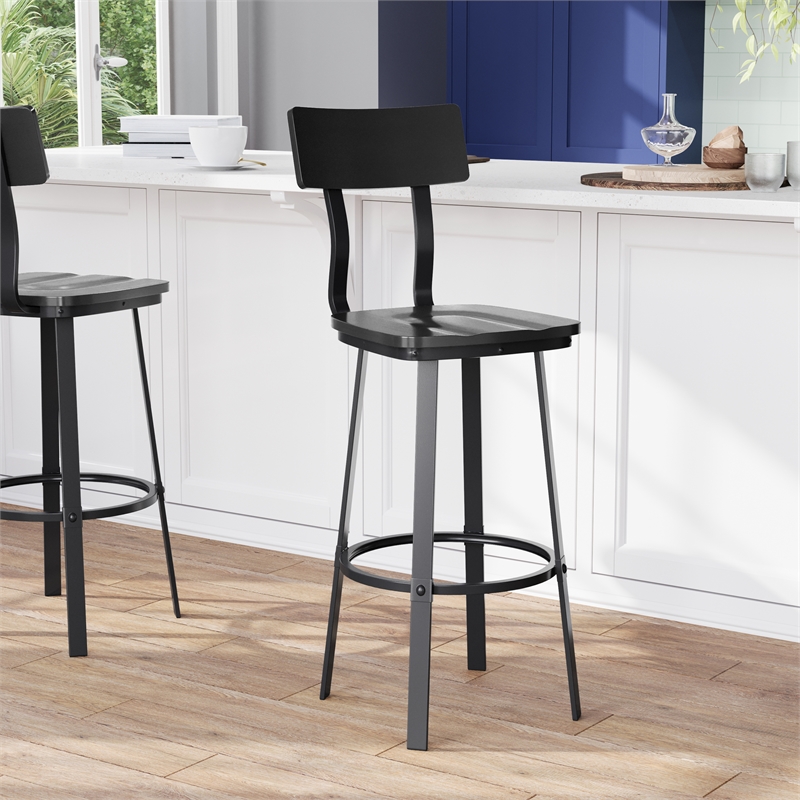 Pemberly Row Black Restaurant Barstool with Wood Seat and Back in Black