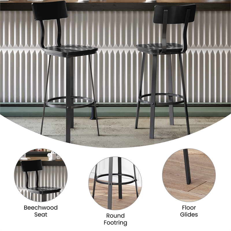 Pemberly Row Black Restaurant Barstool with Wood Seat and Back in Black