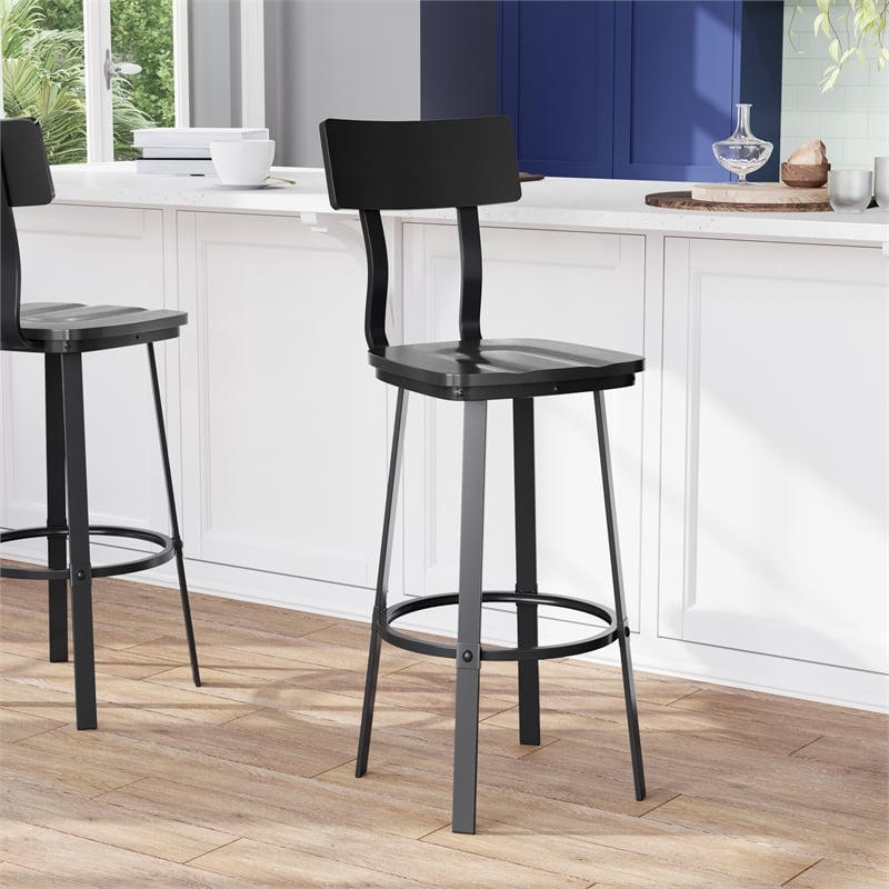 Pemberly Row Black Restaurant Barstool with Wood Seat and Back in Black