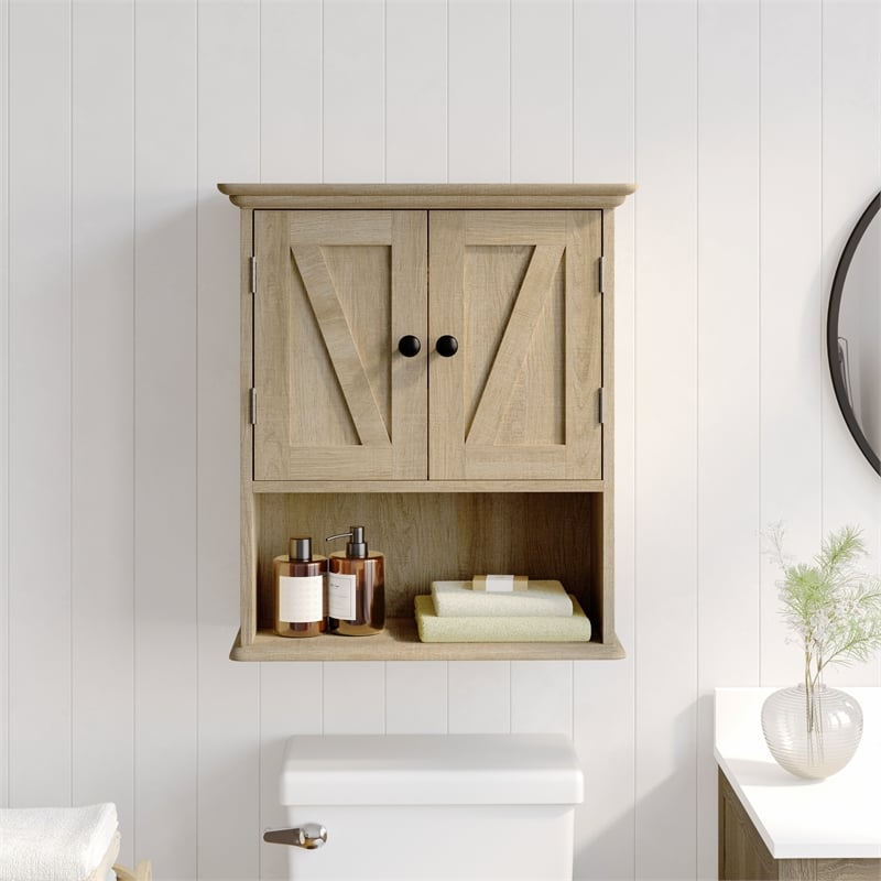 Pemberly Row Wall Mount Medicine Cabinet with Shelf & Dual Doors in Brown