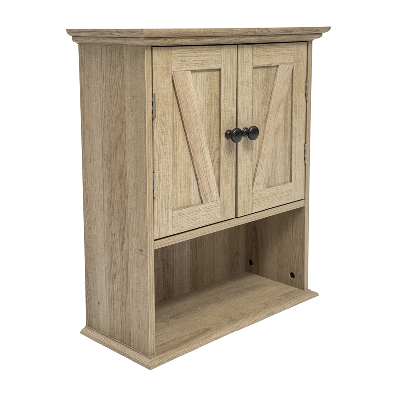 Pemberly Row Wall Mount Medicine Cabinet with Shelf & Dual Doors in Brown